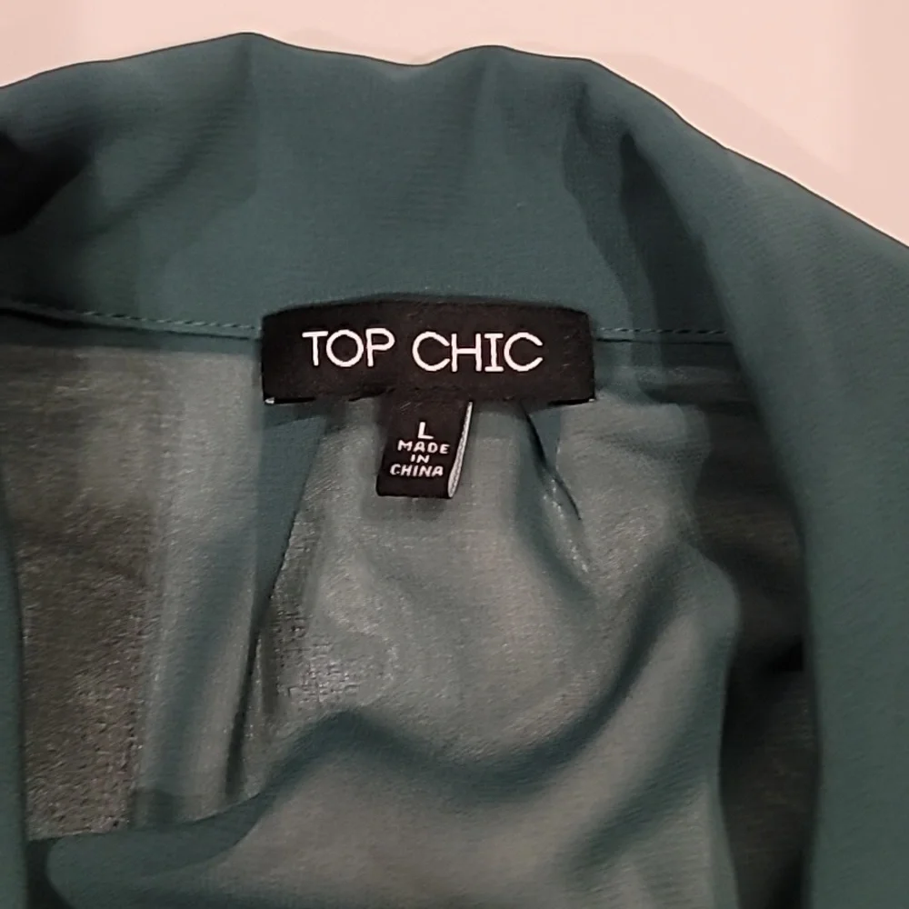 Top Chic Tie Front Semi Sheer Sparkle Studded Cropped Blouse Forest Green L - Picture 10 of 14